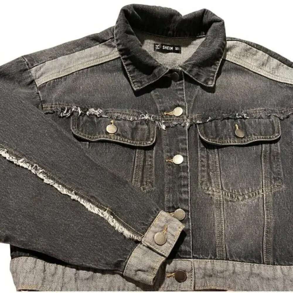 SHEIN Women Black Cropped Denim Jacket Distressed Frayed Hem Trucker Size S